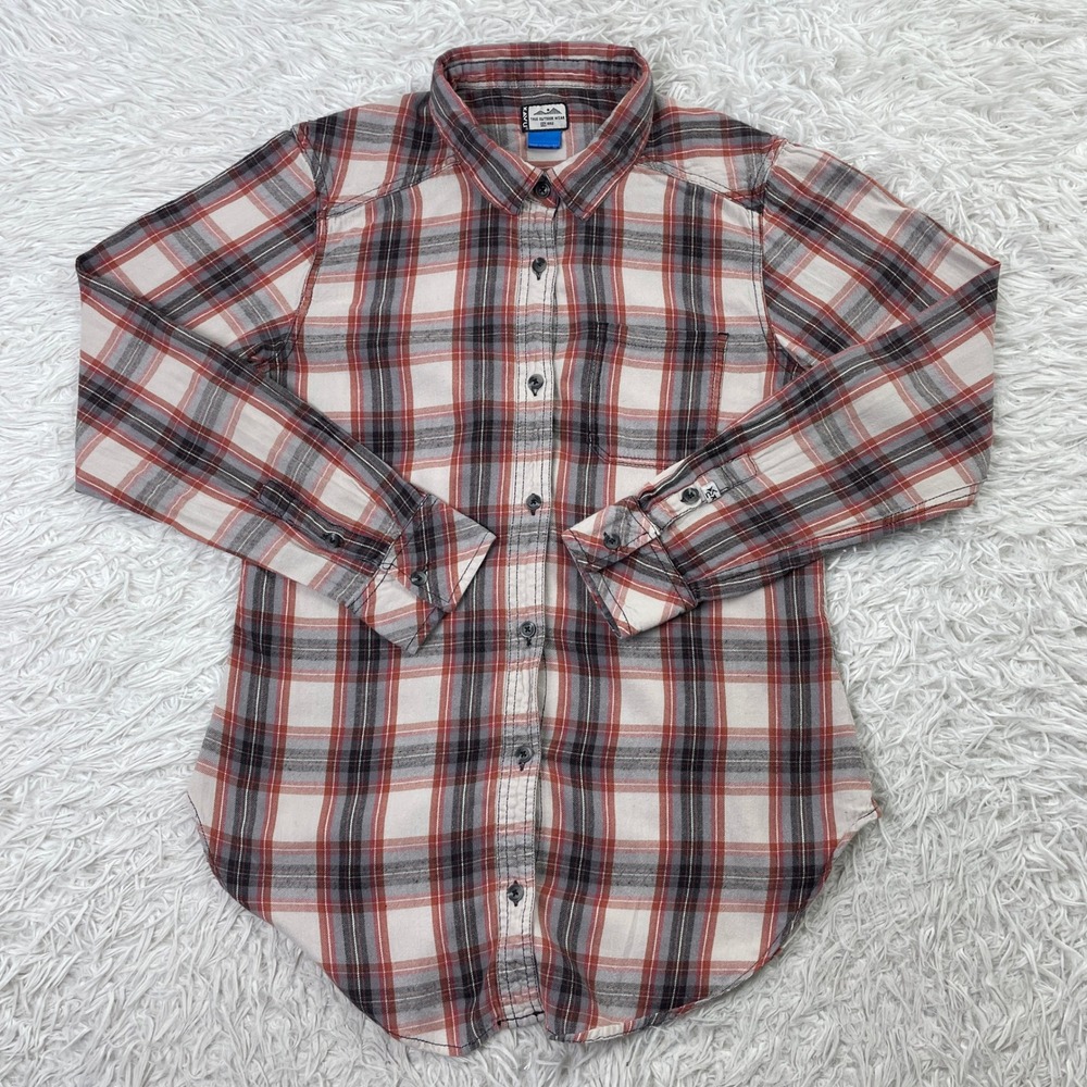 KAVU Shirt Womens Medium Clay Plaid‎ Georgia Flannel Button Up Boyfriend Fit M